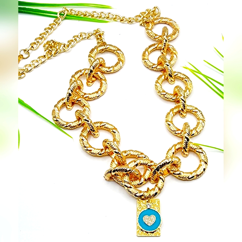Gold Chain Necklace With Blue Heart Pendant